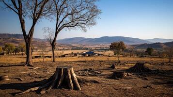 Deforested landscape with tree stumps and mountains in background photo