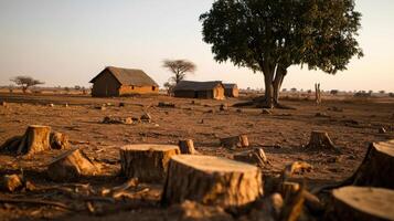 A tree stump in the middle of a field with a hut and trees photo