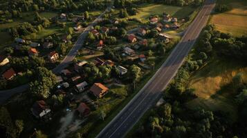 Aerial view of small town near new highway photo