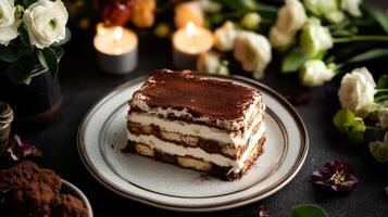 Delicious tiramisu dessert with rich layers and flowers photo