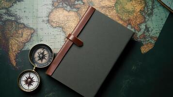 travel journal and compass on vintage map photo
