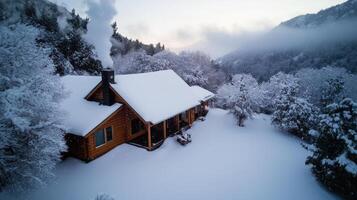 A cabin in the snow with a chimney photo