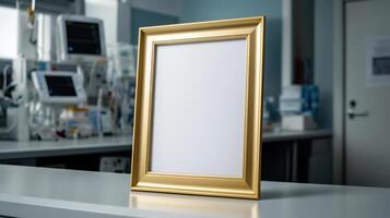 Gold frame mockup on a table in a hospital photo