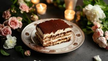 delicious slice of tiramisu surrounded by flowers and candles photo