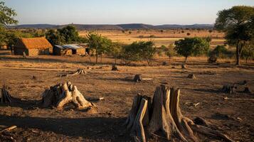 small village affected by deforestation with stumps photo