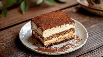 Delicious slice of tiramisu on porcelain plate photo