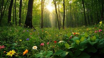 A forest with many flowers and trees photo