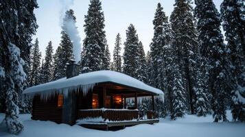 A cabin in the woods surrounded by trees photo