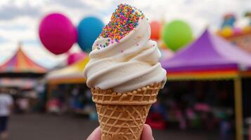 Delicious soft serve ice cream cone with colorful sprinkles photo