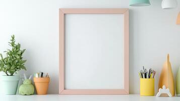 A white desk with a colorful lamp and a picture frame photo