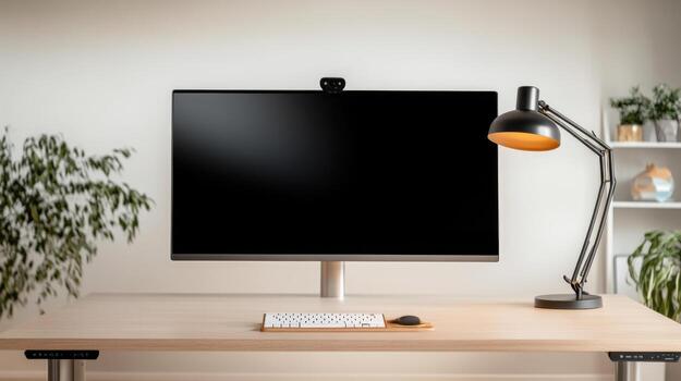 spacious office desk with large monitor and lamp photo