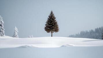 A lone tree stands alone in the middle of a snowy field photo
