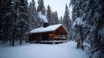 A cabin in the woods surrounded by trees photo
