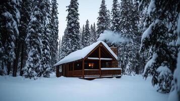 A cabin in the woods surrounded by snow photo
