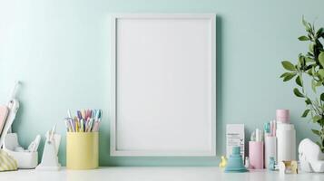 A desk with a white frame and a variety of items photo