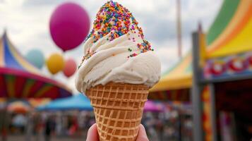 delicious soft serve ice cream cone topped with sprinkles photo