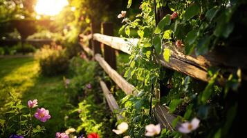 serene spring garden with wooden fence and flowers photo