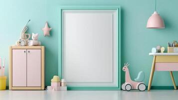 A room with a pink and green wall, a pink and green chair, and a pink and photo