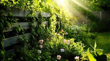 vibrant spring garden with flowers and wooden fence photo