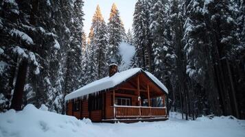 A small cabin in the woods covered in snow photo