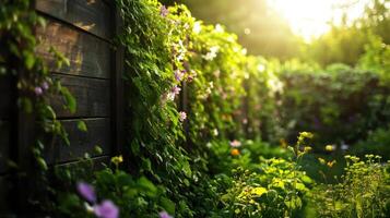 vibrant spring garden with wooden fence and climbing plants photo