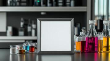 square silver frame with blank white center and colorful liquids photo