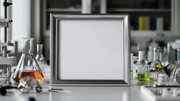 A white frame sits on a table in a laboratory photo