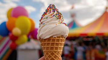 soft serve ice cream cone topped with colorful sprinkles photo