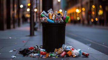 Overflowing trash bin on city street, litter everywhere photo