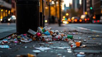 Overflowing trash bin with litter on city street photo