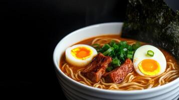 steaming bowl of spicy ramen with pork and eggs photo