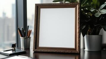 Blank photo frame mockup on a desk with a plant