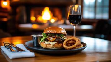 steaming hot burger with onion rings and wine photo