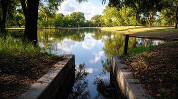 serene lake reflecting trees and clouds in park setting photo