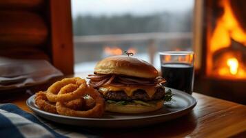 steaming hot burger with crispy onion rings and drink photo