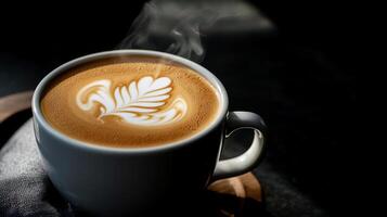 A cup of coffee with a leaf design in the middle photo