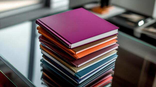 Stack of colorful notebooks on glass table, reflecting light photo