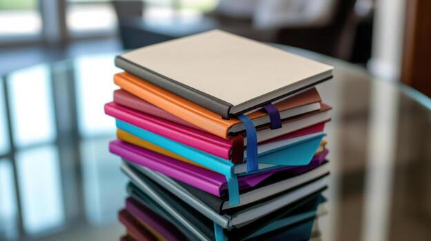 A stack of colorful notebooks on a glass table photo