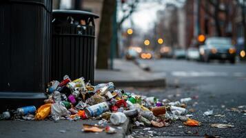 Overflowing trash bin with waste on city street photo