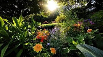 Sun shining through the trees in a garden photo