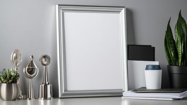 A desk with a white frame and a plant photo