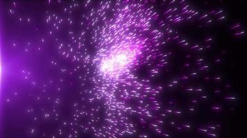 Abstract digital background with glowing neon particles flying upward. movement of a stream of luminous bright lines of particles with flying dust emitting video