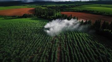 Lush green fields with misty clouds creating serene landscape photo