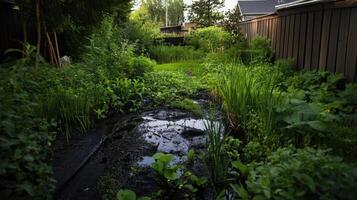 Overgrown suburban garden with stagnant water and weeds photo