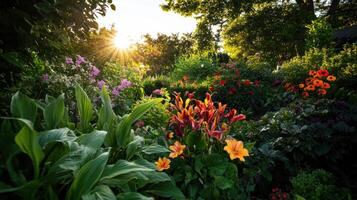 A garden with flowers and trees at sunset photo