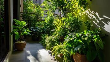 Lush green plants in sunny terrace garden create tranquility photo