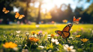 vibrante parque escena con mariposas y flores foto