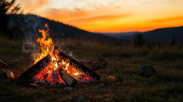 summer campfire scene at dusk with vibrant sky photo