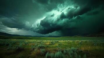 dramatic supercell thunderstorm looms over green field photo