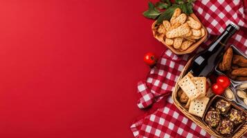summer picnic setup with snacks and drinks on red background photo